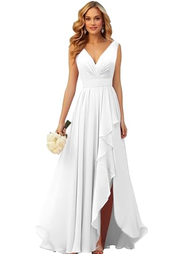 OFEYCHUN Ruffle Bridesmaid Dresses for Women with Slit Long V Neck Chiffon Formal Dress for Wedding