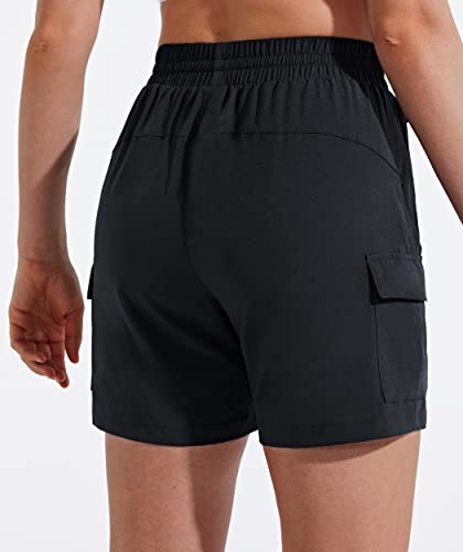MASKERT Wanderhose Damen Kurz Outdoor Sports Shorts 5’’ Laufshort Stretch Sporthose Laufhosen Sommer Kurze Cargohose Wandershorts mit Taschen, Schwarz S
