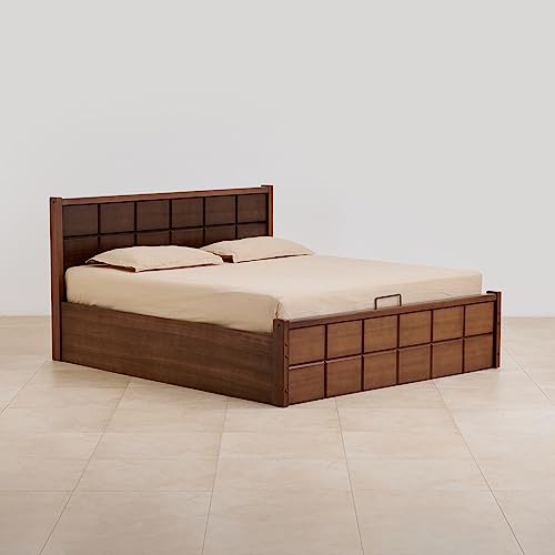 Image of Home Centre Denis Mahogany Wood Queen Bed with Hydraulic Storage - Brown