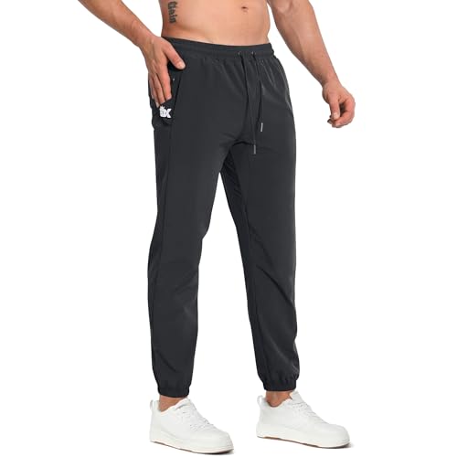 BROKIG Mens Gym Tracksuit Bottoms, Lightweight Running Workout Trousers, Cuffed Sports Joggers with Zip Pockets (Medium, Black)