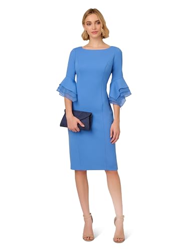 Image of Adrianna Papell Stretch Knit Crepe Sheath Dress with Tiered Organza Bell Sleeve
