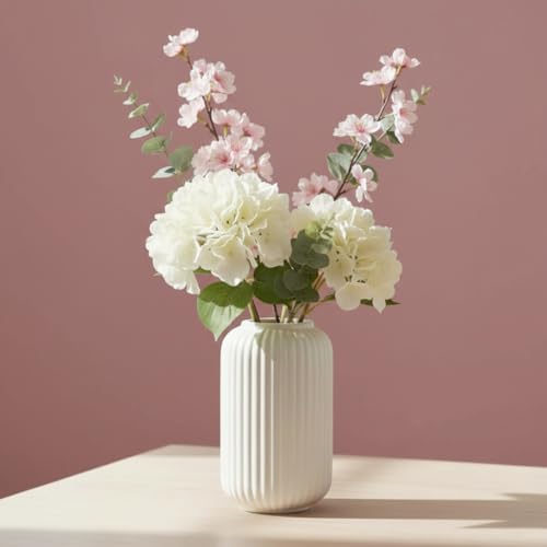 Image of PUREZENTO White Ribbed Texture Ceramic Vase - 6 Inch | Vases for Centerpiece Home Decor, Living Room & Bedroom | Vase for Pampas Grass, Dried & Artificial Flowers