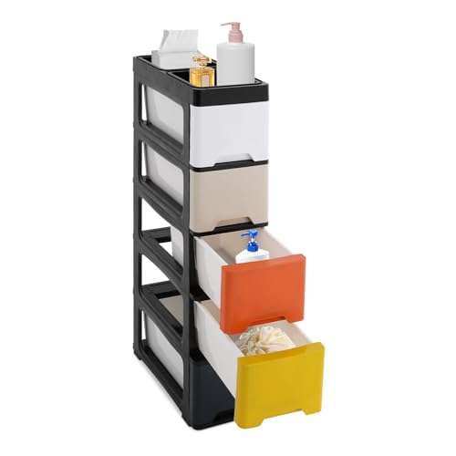 5-Tier Slim Bathroom Storage Cabinet with Drawers – Space-Saving Narrow Storage Organizer, Modern Bathroom Floor Cabinet for Toilet, Bedroom & Kitchen (Black + Colorful Accents)