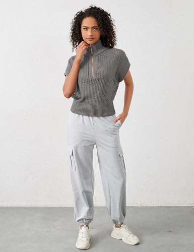 Image of Womens Spring Cap Sleeve Crochet Sweaters Loose Fit Quarter Zip Lightweight Hollow Out Beach Vacations Clothes