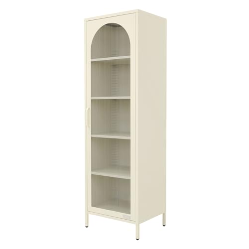 ML-Design Vitrina de Salón Crema 45x145x35 cm, Armario de Acero con 5 Estantes de Almacenamiento y 1 Puerta, Mueble de Metal, Estilo Industrial, Estantería Estecha Archivador de Oficina