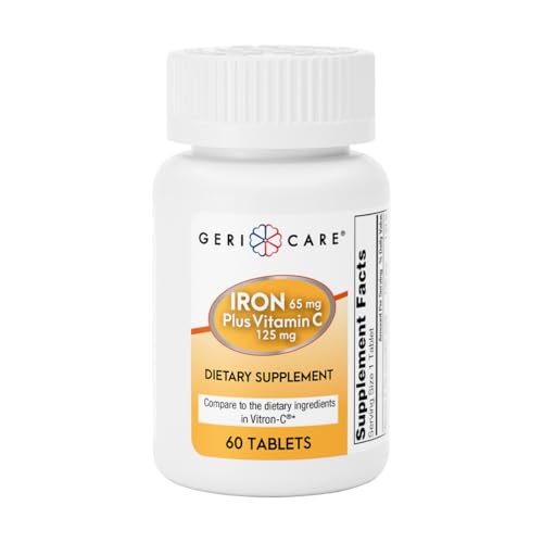 GeriCare Iron 65mg Plus Vitamin C 125mg Tablets High-Absorption Iron for Anemia Support Red Blood Cell Production Fatigue Reduction and Immune Health 60 Count