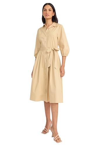Image of Maggy London Women's Women's Button Down Collared Midi Dress with Pockets - 3 /4 Balloon Sleeve - A-line Shirtdress