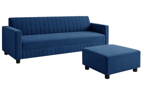 Image of 3 Seater Velvet Sofa with Ottoman | Modern Upholstered Couch | Comfortable Living Room Sofa | Durable & Stylish Seating for Home, Office & Guest Room - Blue Color