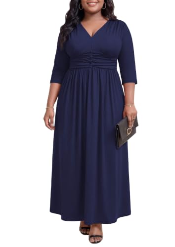 Image of Runwind Plus Size Maxi Dress 3 /4 Sleeve V-Neck Pleated Faux Buttons Pockets