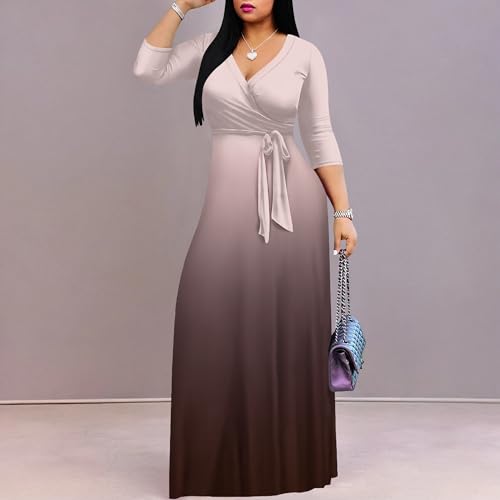 Image of PinkPatty Women's Plus Size Maxi Dresses Casual Flowy 3 /4 Sleeves Dress Printed Vacation Dress for Daily Wear with Belt