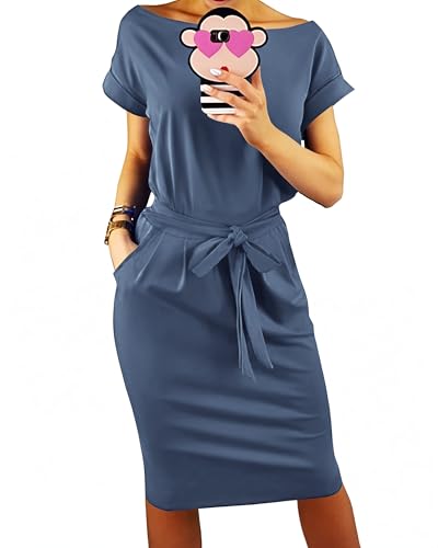 Image of PRETTYGARDEN Women's Summer Short Sleeve Crewneck Striped Dress Basic Solid Tie Waist Office T Shirt Dresses Pockets