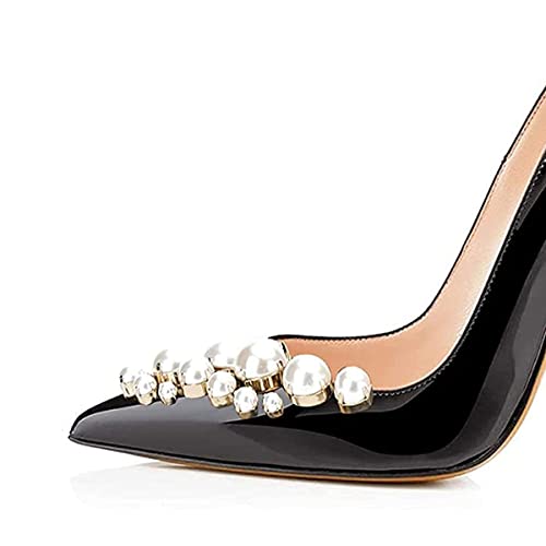 FSJ Slip On Pearls Beaded High Heels Slip On Pump Pointed Toe Mirror Effect Shiny Party Dress Club Shoes for Women Pearl 4-15 US3
