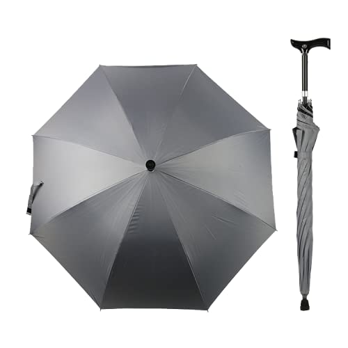 【F-SEASONS 高さ調整 ステッキ傘】 ステッキ 傘 一脚杖 ワンタッチ 晴雨兼用 UVカット 遮熱効果 長傘 祖父母 プレゼント 杖 自動開 散歩 ハイキング 旅行 行列 運動会 シニア (グレー)のサムネイル