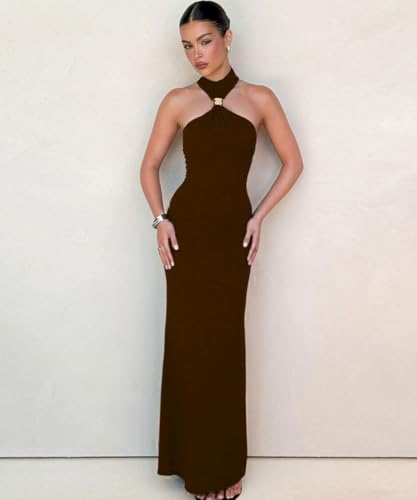 Image of ABINGOO Women Sexy Halter High Neck Maxi Dress Sleeveless Back Slit Elegant Party Cocktail Wedding Guest Formal Long Dresses