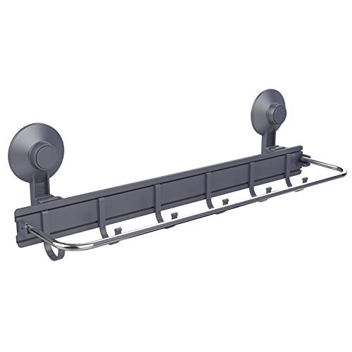 TAILI Bath Towel Bar with 6 Hooks, Suction Cup Towel Rack for Bathroom Towel, Bath Ball, Brush, Wall Mounted Towel Holder, Bathroom Accessories Towel Rod Heavy Duty, Stainless No Drilling