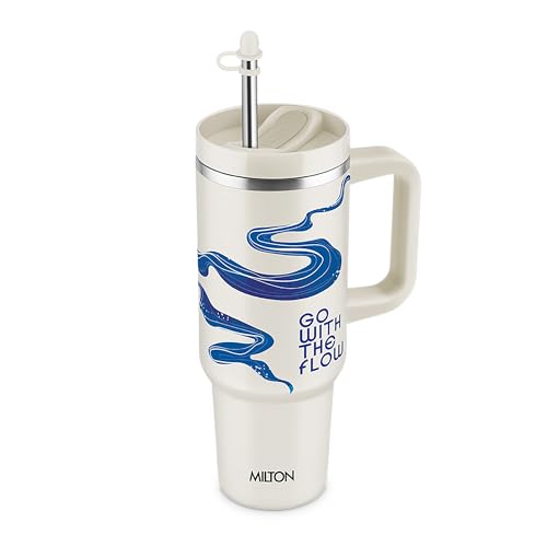 Image of MILTON Malmo 1200 Thermosteel Double Wall Vacuum Insulated Stainless Steel Tumbler with Handle 1100ml, Travel Mug with Straw,Silicon Cap,Cleaning Brush,Hot & Cold Beverage Flask,Flow Cream