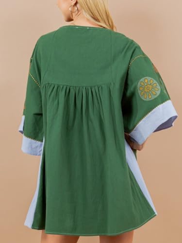Image of Joiemont Womens Oversized Embroidered Dress with V-Neck and 3 /4 Sleeves Vintage Embroidery Babydoll Dress