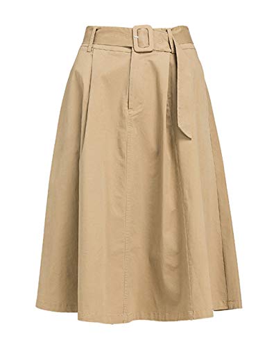 GGUHHU Womens Classic Belted High Waist Twill Cotton A-Line Midi Skirts with Pockets4
