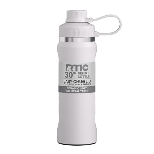 RTIC 30oz Refuel Water Bottle with Workout Protein Shaker Insulated Stainless Steel Metal Double Wall Vacuum-Insulation Ceramic Lined Leak-Proof Chug Lid Tumbler Cool Grey