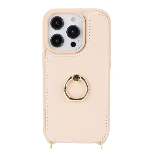 Image of for iPhone 14 Pro Case with Card Holder for Women,iPhone 14 Pro Phone Case with Strap,Crossbody Lanyard,Ring Stand,Snap Clasp,Cute Wallet Cases 6.1 inch (Beige)