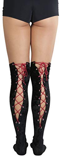 Image of ToBeInStyle Women's Lace Up Back Seam Tights Sheer or Opaque Hosiery Stockings Crisscross Lace Ribbon Zigzag Design