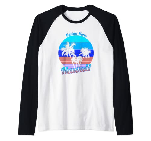 Kailua Kona Hawaii Retro Tropical Palmeras Vacaciones Camiseta Manga Raglan