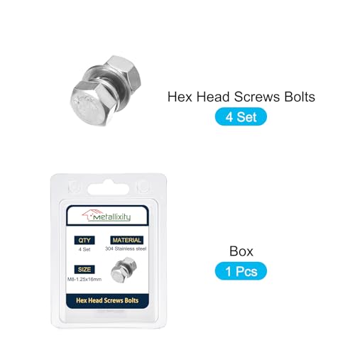 Image of METALLIXITY Hex Head Screws Bolts, Nuts, Flat & Lock Washers Kits (M8-1.25x16mm) 4 Set, Stainless Steel Fully Threaded Machine Screws Bolt Set - for Home Appliance Equipment