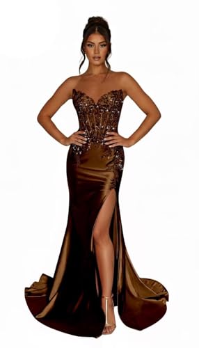 Women's Prom Dresses Long 2026 Sequin Appliques Satin Lace Appliques High Split Formal Dress Mermaid...