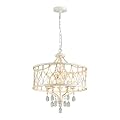 Uiimeces Modern Crystal Chandelier, 5-Light Farmhouse White Chandelier for Dining Room Vintage Hanging Pendant Light Fixtures Round Chandelier for Kitchen Island Entryway Foyer Bedroom Office Bar