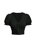 Verdusa Women's Knot Front Lace Trim Puff Sleeve V Neck Crop Tee Shirt Top Black M