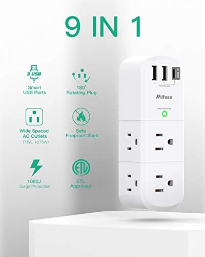 USB Outlet Extender Surge Protector - with Rotating Plug, 6 AC Multi Plug Outlet and 3 USB Ports (1 USB C), 3-Sided Swivel Power Strip with Spaced Outlet Splitter for Home, Office, Travel — view 6