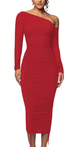 Image of Women's Long Sleeve Mesh Dress - Bodycon Off Shoulder Mesh Ruched Cocktail Club Maxi Dresses