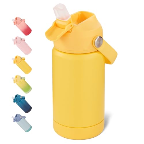 Fijinhom 360ml/12oz Kids Water Bottle for School Toddler Cup with Straw & Handle 304 Stainless Steel Insulated Water Bottle Non-Slip Silicone Base BPA Free Yellow