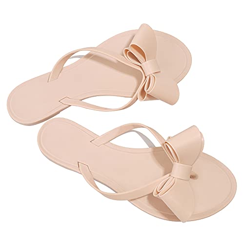 Image of TYFLOVE Women Rivet Flip Flops Studded Jelly Thong Sandals with Bow Summer Bowtie Flat Beach Rain Shoes
