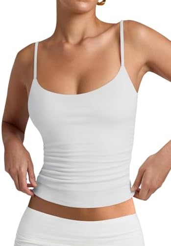 PINKMSTYLE Womens Double Lined Spaghetti Strap Tank Top Scoop Neck Sleeveless Basic Cami Shirts White Small