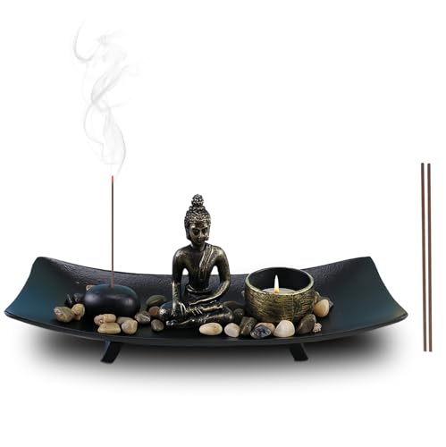 Zen Garden con statuetta di Buddha: decorazione Nizirioo Bastoncini di incenso giapponesi titolare statua di Buddha con pietre naturali e portacandele, statua di Buddha seduto per regalo, meditazione,