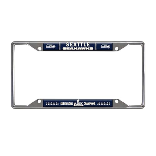 Logo Brands Seattle Seahawks Super Bowl LX Champions Chrome License Plate Frame Heavy-Duty Polished Metal Car Accessory for NFL Football Fans Made in USA Fits Standard 12x6 Plates