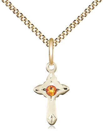 14kt Gold Filled Cross Pendant with a 3mm Faux Topaz Austrian Crystal stone on a 18 inch Gold Plate Light Curb Chain.