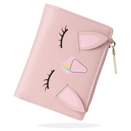 Image of CONISY Cute Wallets for Women, Leather Bifold Small Wallet with Zipper Coin Purse, RFID Blocking Wallet for Girls and Ladies, Unicorn Pink, Moden