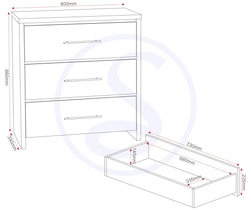 Seconique Seville 3 Drawer Chest in White Gloss/Light Oak Effect Veneer