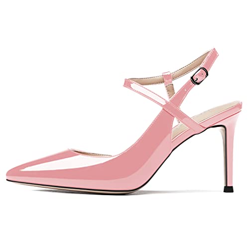 WAYDERNS Women's Patent Leather Buckle Ankle Strap Slingback Pointed Toe Stiletto High Heel Pumps Shoes 3.5 Inch2