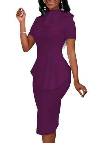 Image of PerZeal Women's Fashion Peplum Bodycon Short Sleeve Work Dresses Bow Club Ruffle Pencil Formal Cocktail Dress