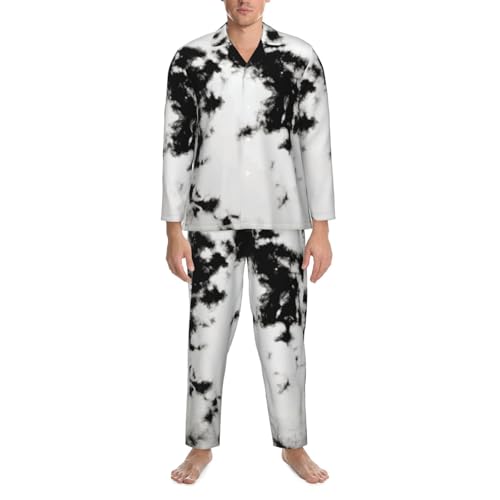 Watercolour Black White Tie Dye Mens Pajamas Set Button Down Sleepwear Set Long Sleeve Loungewear With Pockets