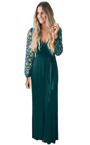 Kranda Women's Lace Long Sleeve Fall Spring Winter Party Evening Long Fall Dress Faux Wrap V Neck Wedding Guest Maxi Dress Hunter Green XXL