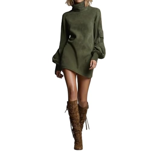 Image of Women's Vintage Loose Suede Turtleneck Mini Dress - Velvet Fringe Bell Sleeve Shift Dress, Retro Style Faux Suede Dresses (Green,M)
