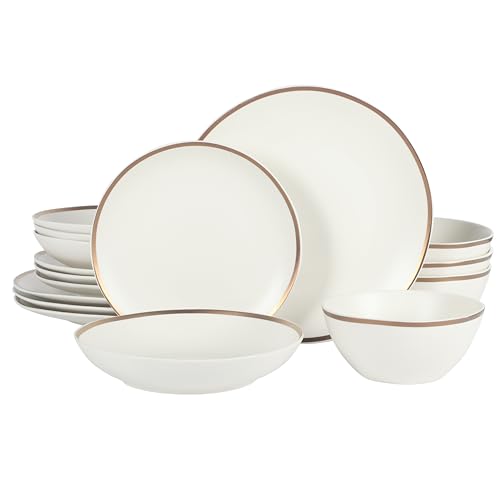 Image of Gibson Elite Kings Road Double Plates and Bowl Organic Round Porcelain Chip and Scratch Resistant Dinnerware Set - Matte White w /Gold Rim