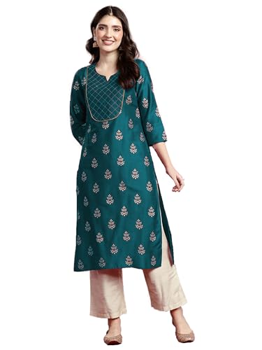 Image of Women's Embroidered Kurti, Ethnic Floral Motif Print, 3 /4 Sleeves, Side Slit