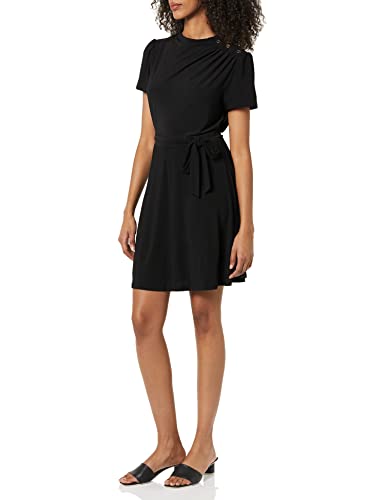 DKNY Damen Short Sleeve Funnel Neck With Belt Dress, Schwarz, 38 EU
