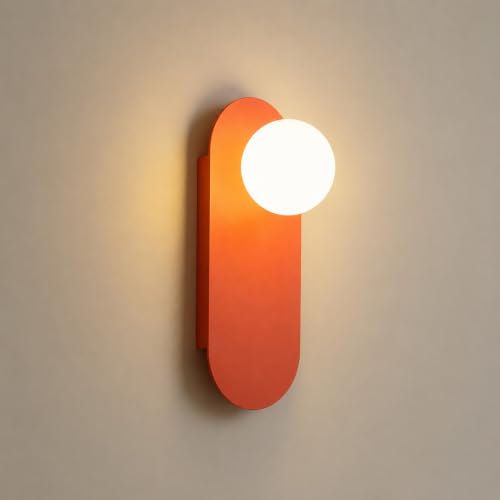 Image of Orange Glass Globe Wall Sconce,12 Inch,Suit for Bedroom Hallway | Frosted Sphere Lampshade, for Hallway and Bedside,Soft Warm Glow,MCM Style,Decorative Lighting,Hardwired Mount Design