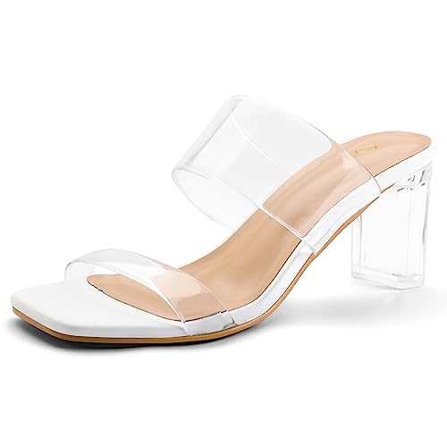 Image of mysoft Women's Clear Heels Square Toe Chunky Block Heel Sandals | 3 Inch Block Heel, Two Clear Straps, Slip On, Square Open Toe, Comfortable, Lightweight, Daily Walking, Party, Summer Dressy